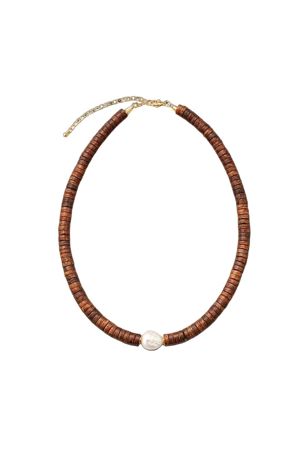 Wood Heishi & Pearl Beaded Necklace