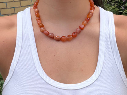 Orange Agate Pebble Beaded Necklace