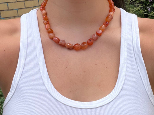 Orange Agate Pebble Beaded Necklace