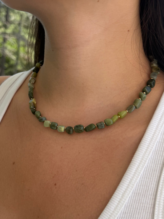 Green Jade Nugget Beaded Necklace
