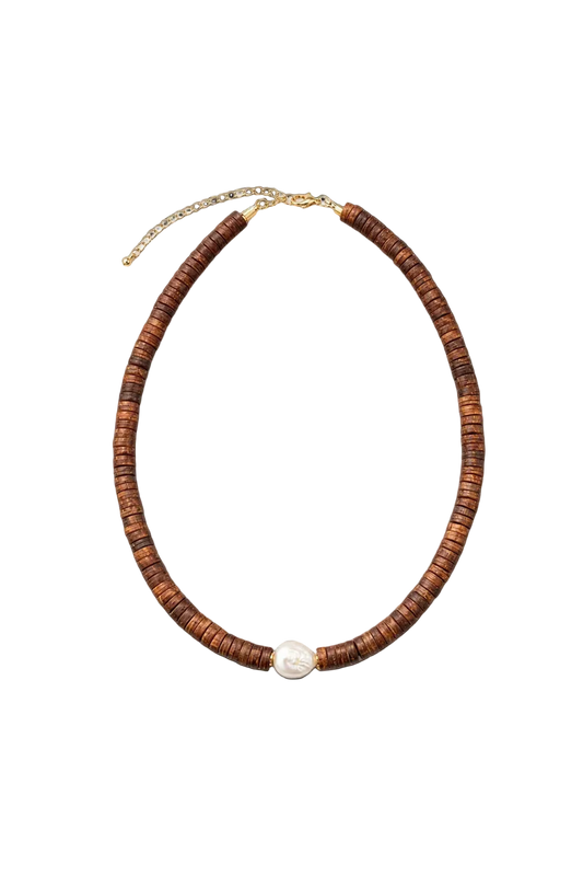 Wood Heishi & Pearl Beaded Necklace
